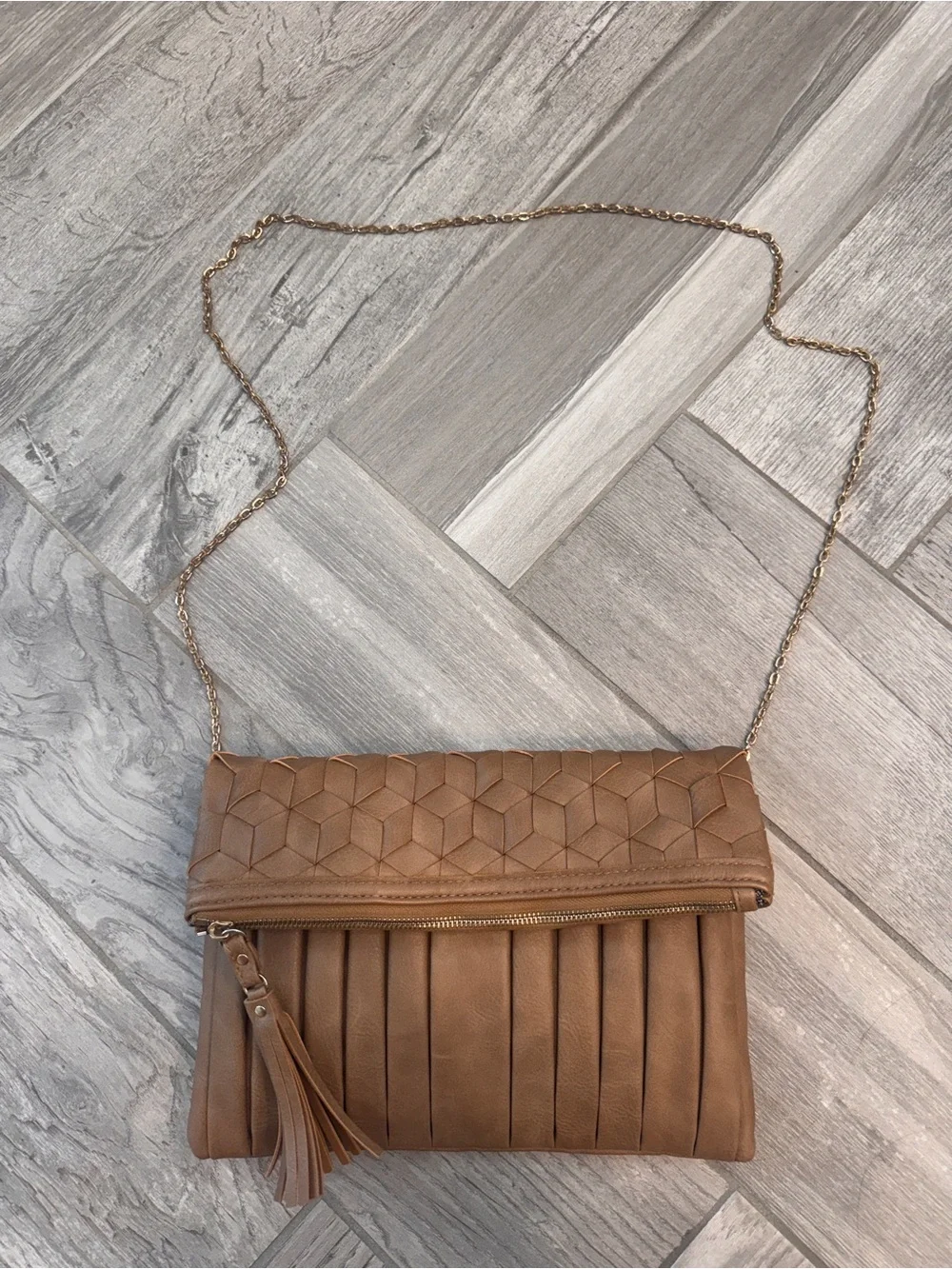 Urban Expressions Tan Foldover Clutch with Tassel crossbody
